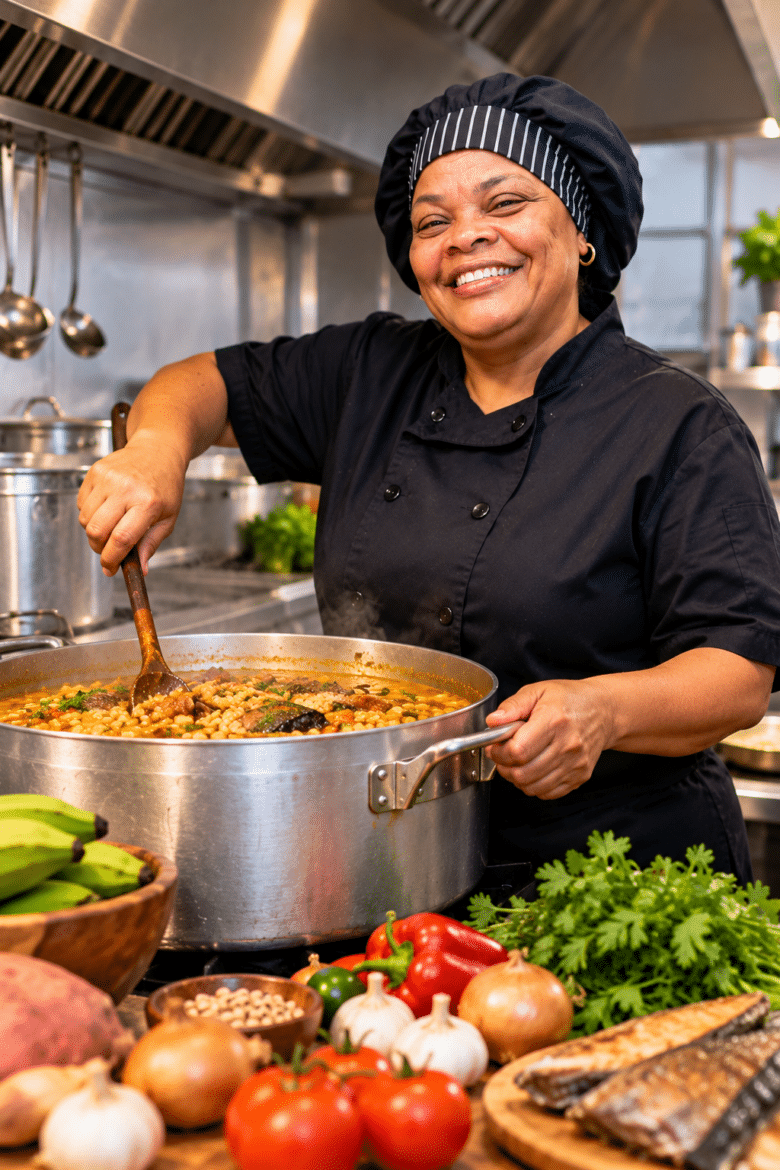 Chef a preparar um prato inspirado na gastronomia cabo-verdiana.