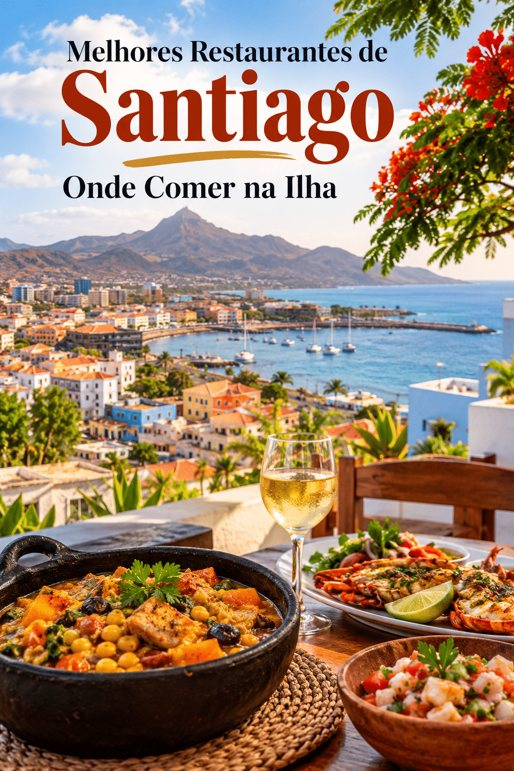Melhores restaurantes de Santiago, Cabo Verde, com pratos tradicionais, peixe fresco e marisco, representando a gastronomia da ilha.